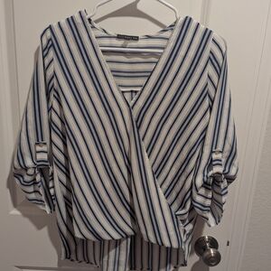West Kei Blue and White Wrap Blouse Relaxed Fit